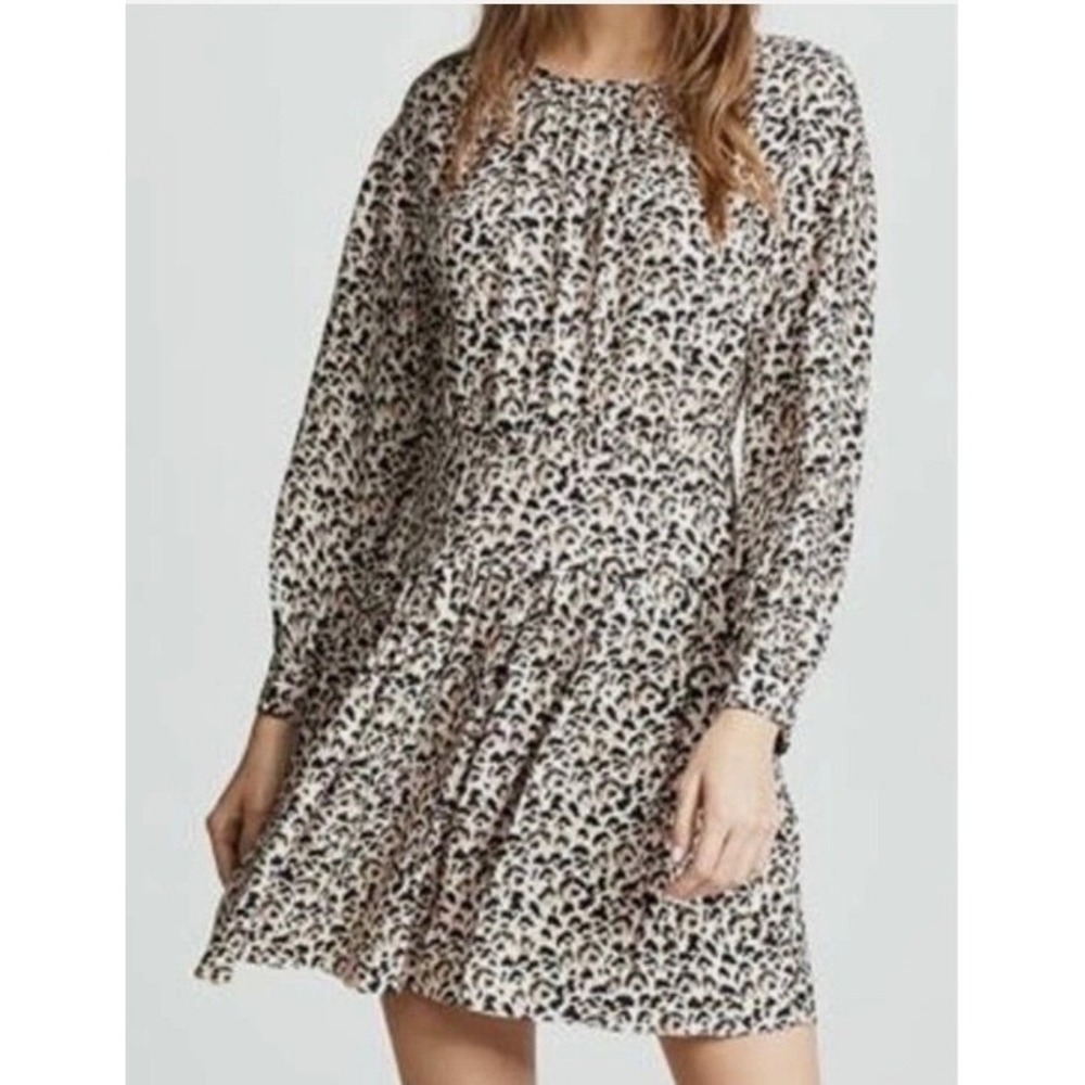 Rebecca Taylor 100% Silk Leopard Print Drop Waist Mini Dress Size 10 Tan Black